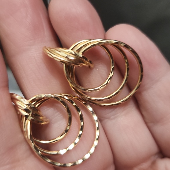 Vintage 14K Yellow Gold Triple Tube Textured Hoop Earrings, Simple Unique Classy - Picture 2 of 6